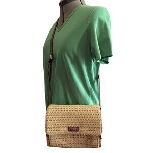 Liz Claiborne Tan Woven Straw Crossbody Bag With Faux Leather Adjustable Strap
